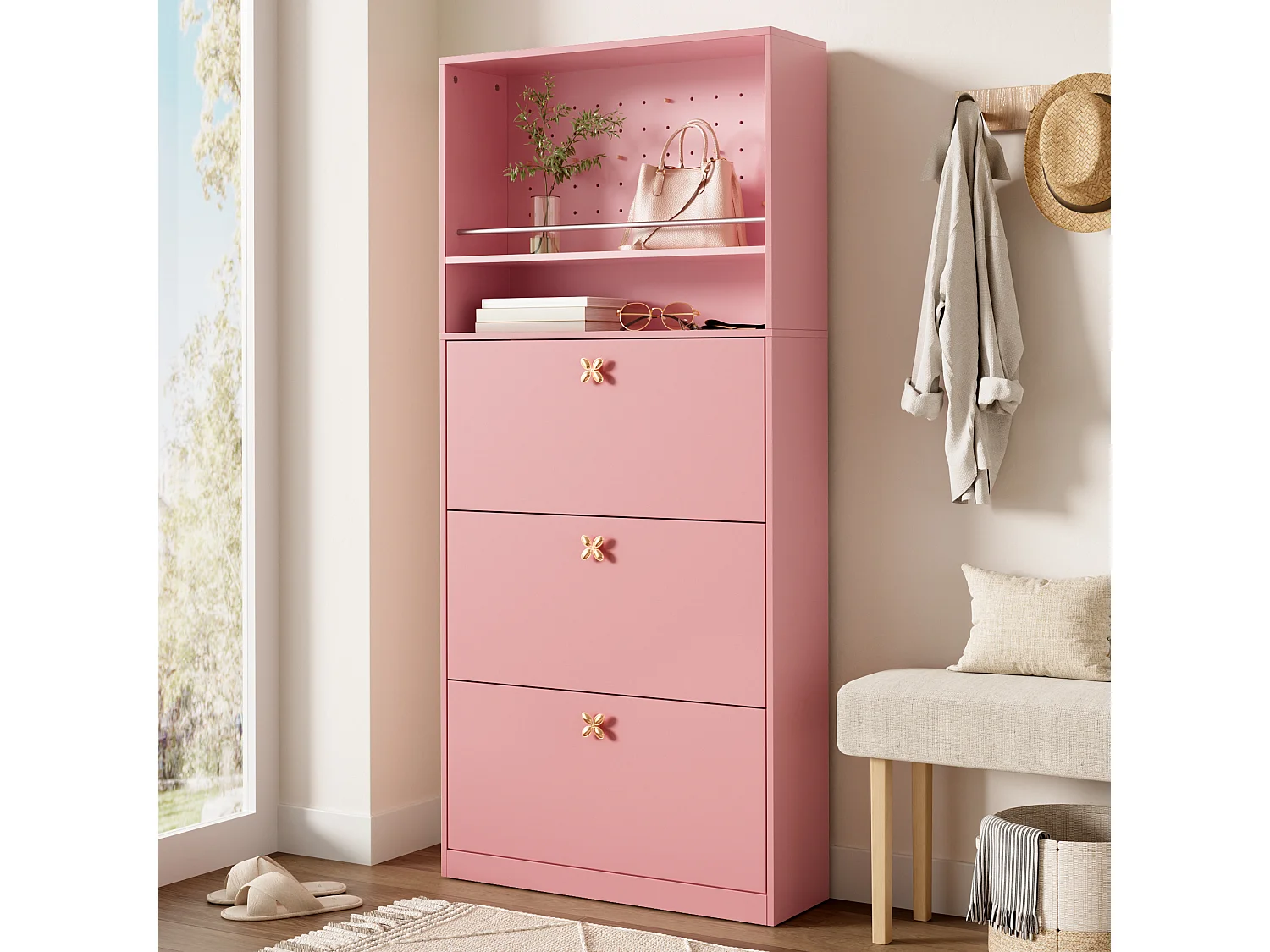 Meuble à chaussures étroit avec 3 portes rabattables, 2 niches ouvertes - Panneaux de particules - 80 x 24 x 178,5 cm - Rose