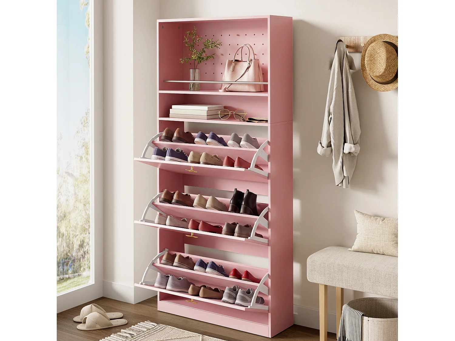 Meuble à chaussures étroit avec 3 portes rabattables, 2 niches ouvertes - Panneaux de particules - 80 x 24 x 178,5 cm - Rose