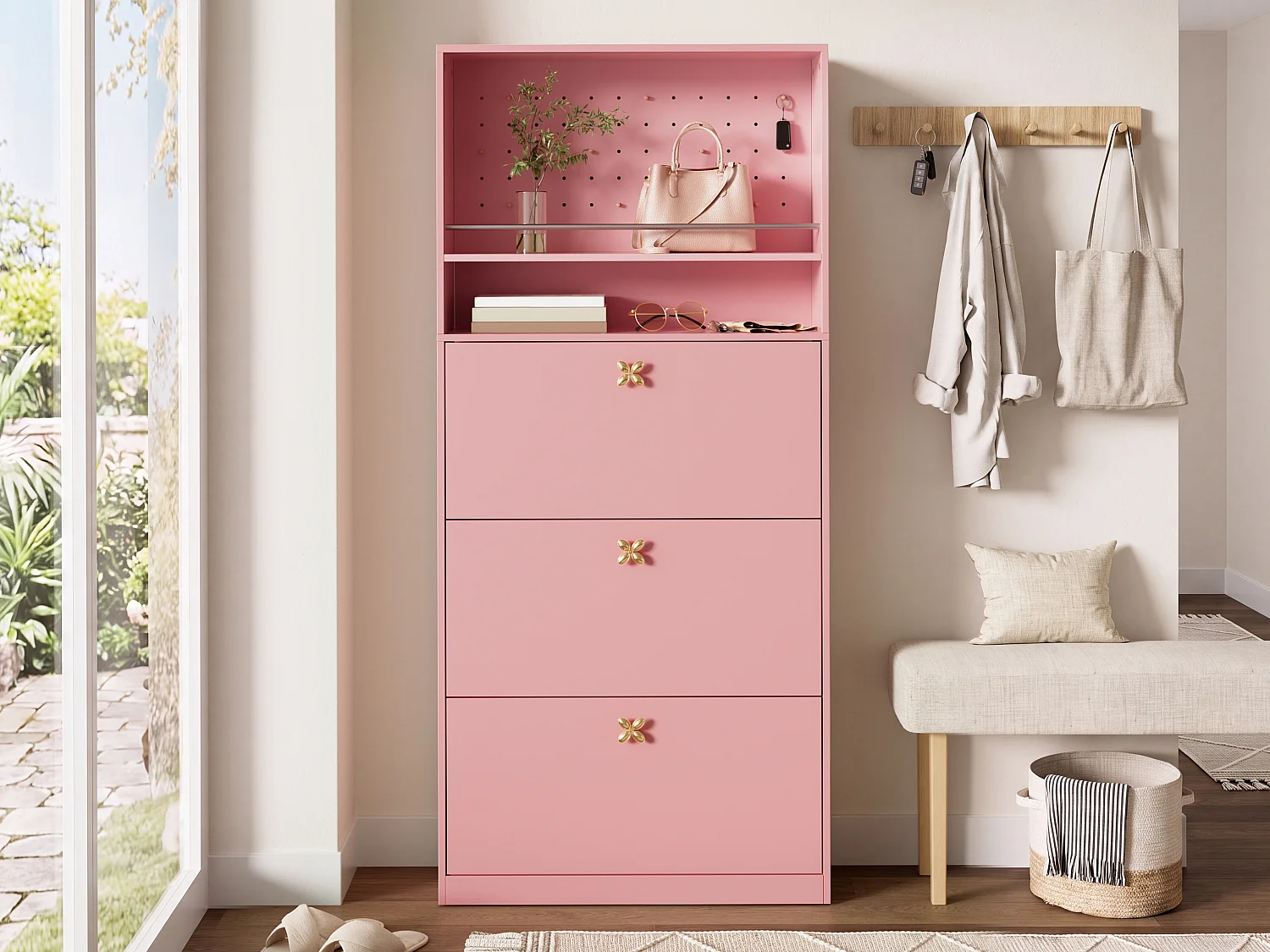Meuble à chaussures étroit avec 3 portes rabattables, 2 niches ouvertes - Panneaux de particules - 80 x 24 x 178,5 cm - Rose