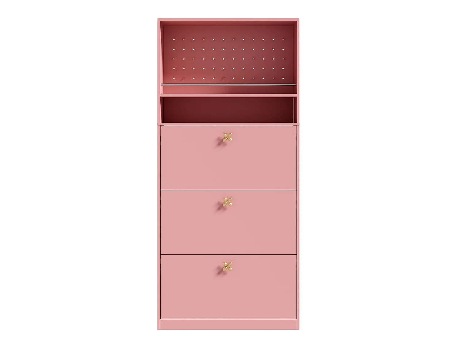 Meuble à chaussures étroit avec 3 portes rabattables, 2 niches ouvertes - Panneaux de particules - 80 x 24 x 178,5 cm - Rose