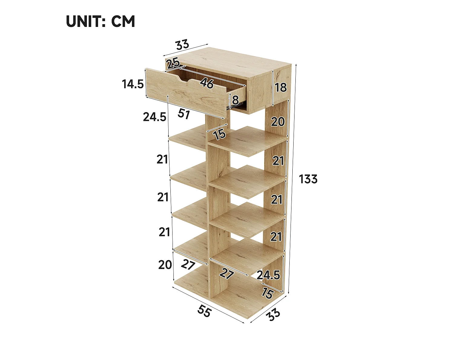 Shoe cabinet with 1 drawer and open shelves - Particleboard - 55 x 33 x 133 cm - Natural wood