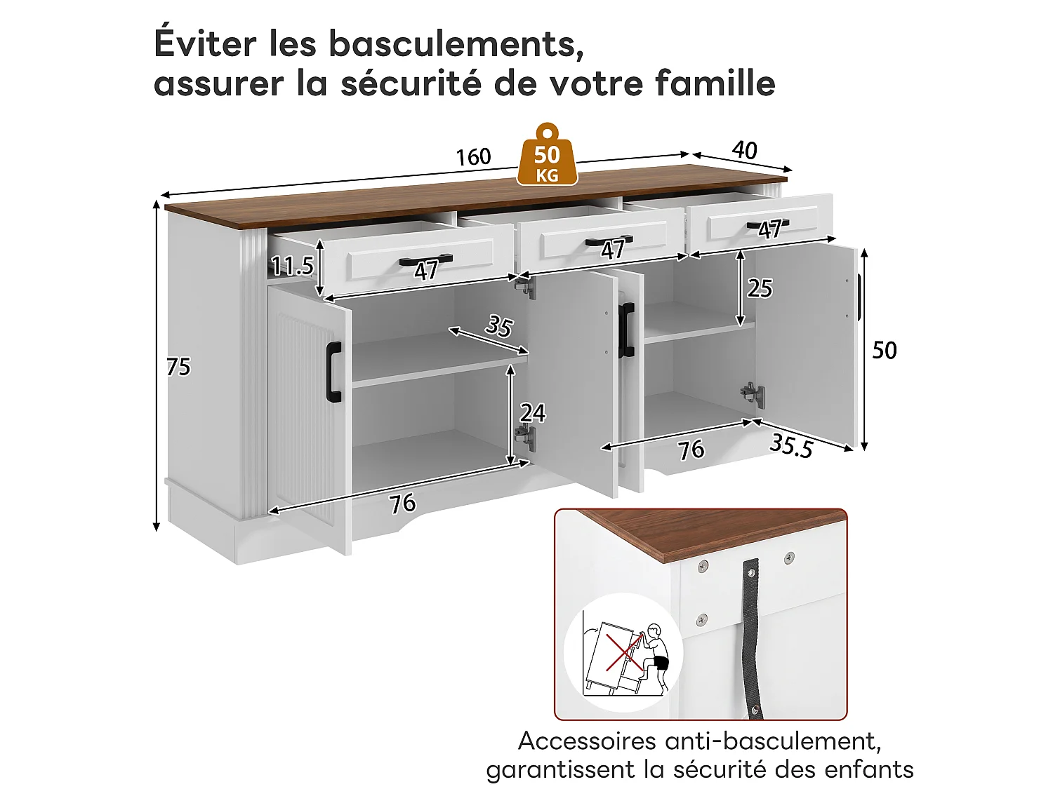 Sideboard mit 4 Türen und 3 Schubladen, Front mit vertikalen 3D-Streifen – MDF – 160 × 40 × 75 cm – Weiß