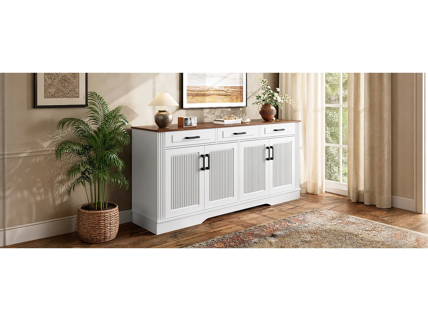 Sideboard mit 4 Türen und 3 Schubladen, Front mit vertikalen 3D-Streifen – MDF – 160 × 40 × 75 cm – Weiß
