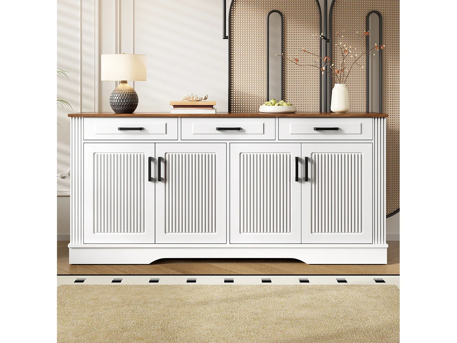 Sideboard mit 4 Türen und 3 Schubladen, Front mit vertikalen 3D-Streifen – MDF – 160 × 40 × 75 cm – Weiß