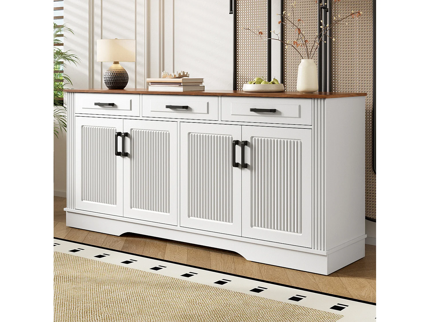 Sideboard mit 4 Türen und 3 Schubladen, Front mit vertikalen 3D-Streifen – MDF – 160 × 40 × 75 cm – Weiß