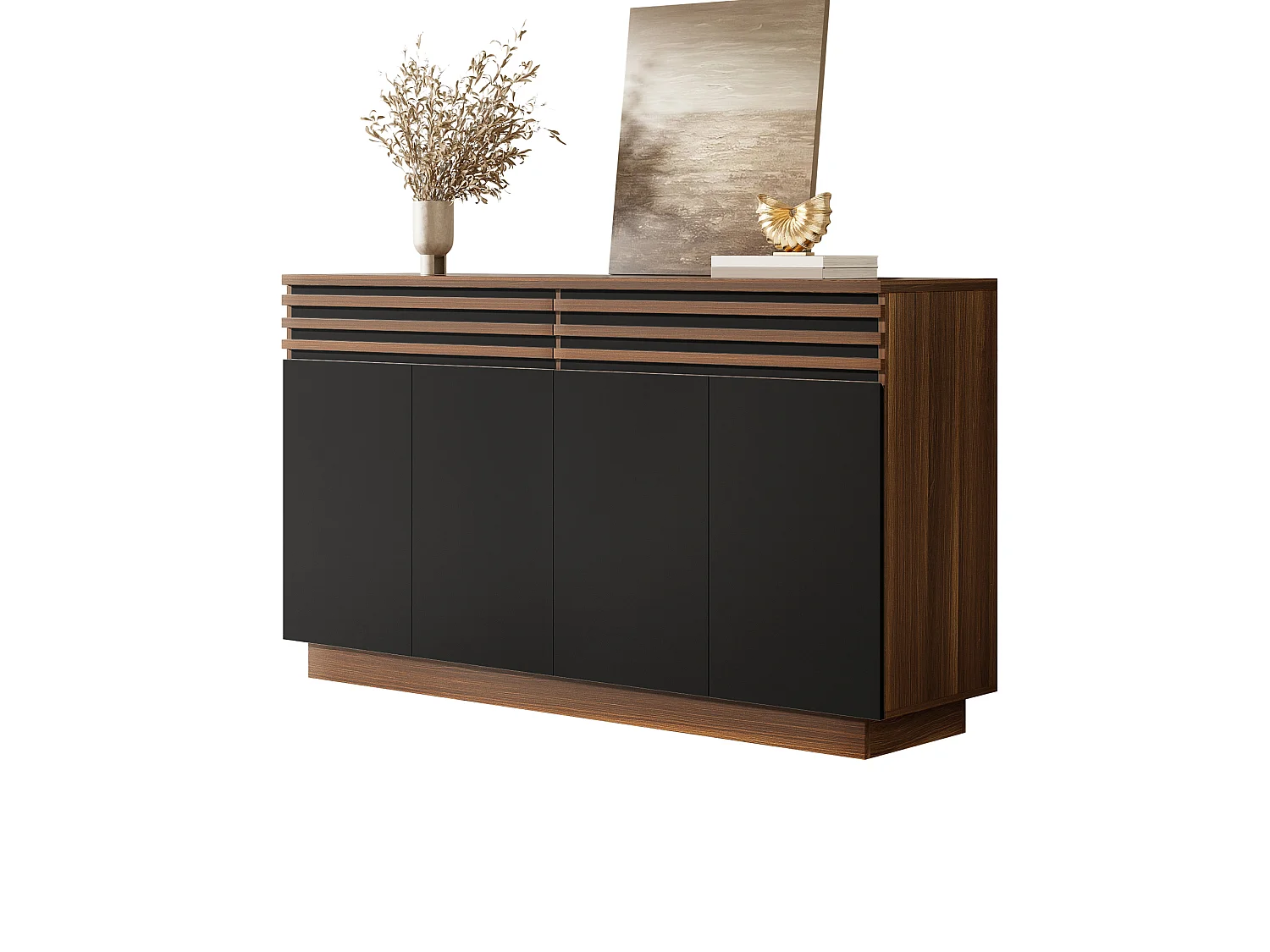 Niedriges Sideboard mit 4 Türen und 2 Schubladen – 150 x 40 x 85 cm – MDF – Modernes zweifarbiges Design – Schwarz und Braun