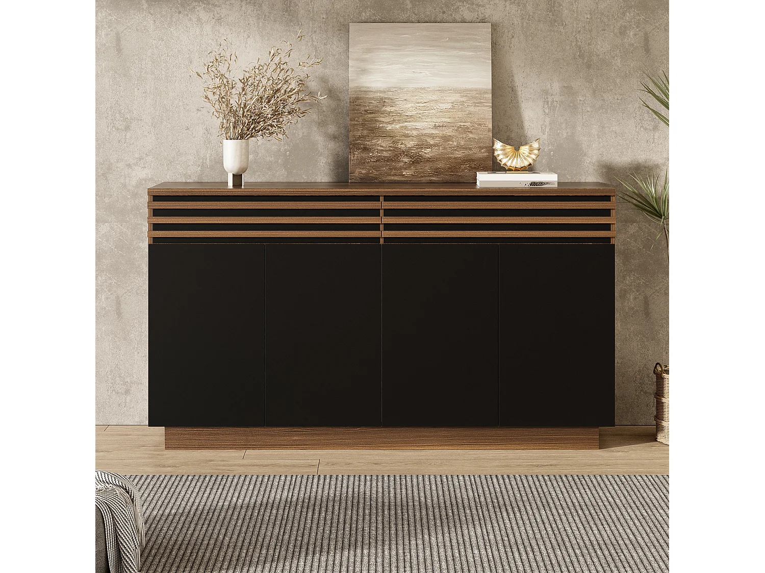 Niedriges Sideboard mit 4 Türen und 2 Schubladen – 150 x 40 x 85 cm – MDF – Modernes zweifarbiges Design – Schwarz und Braun