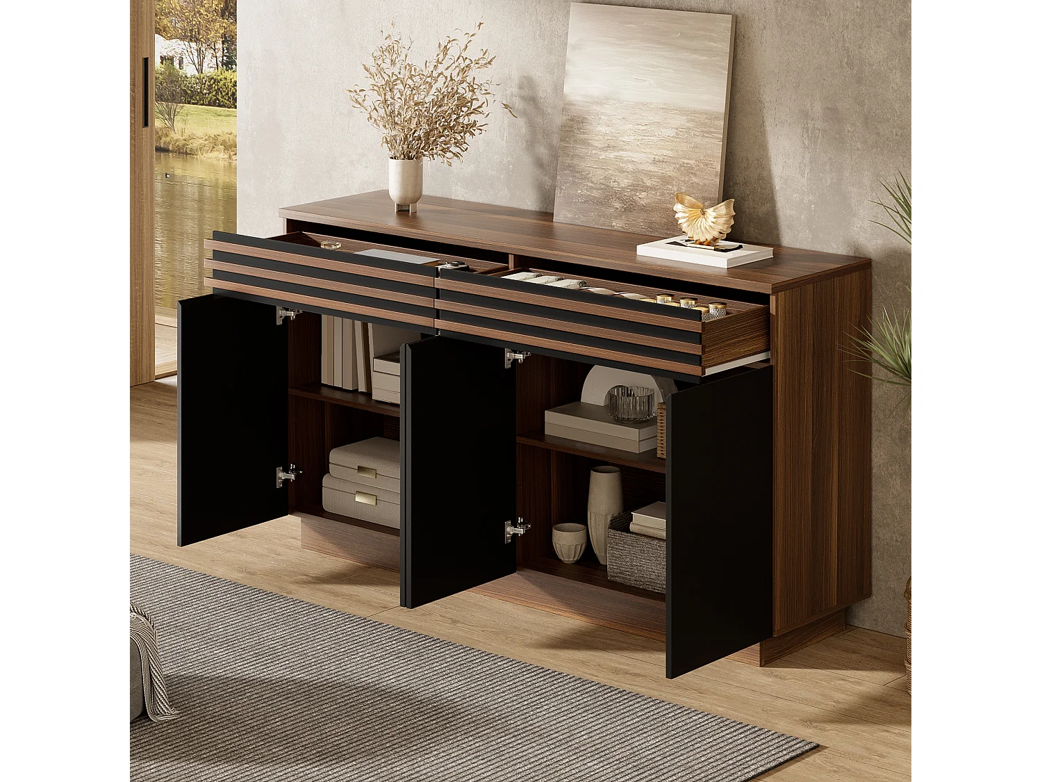 Niedriges Sideboard mit 4 Türen und 2 Schubladen – 150 x 40 x 85 cm – MDF – Modernes zweifarbiges Design – Schwarz und Braun