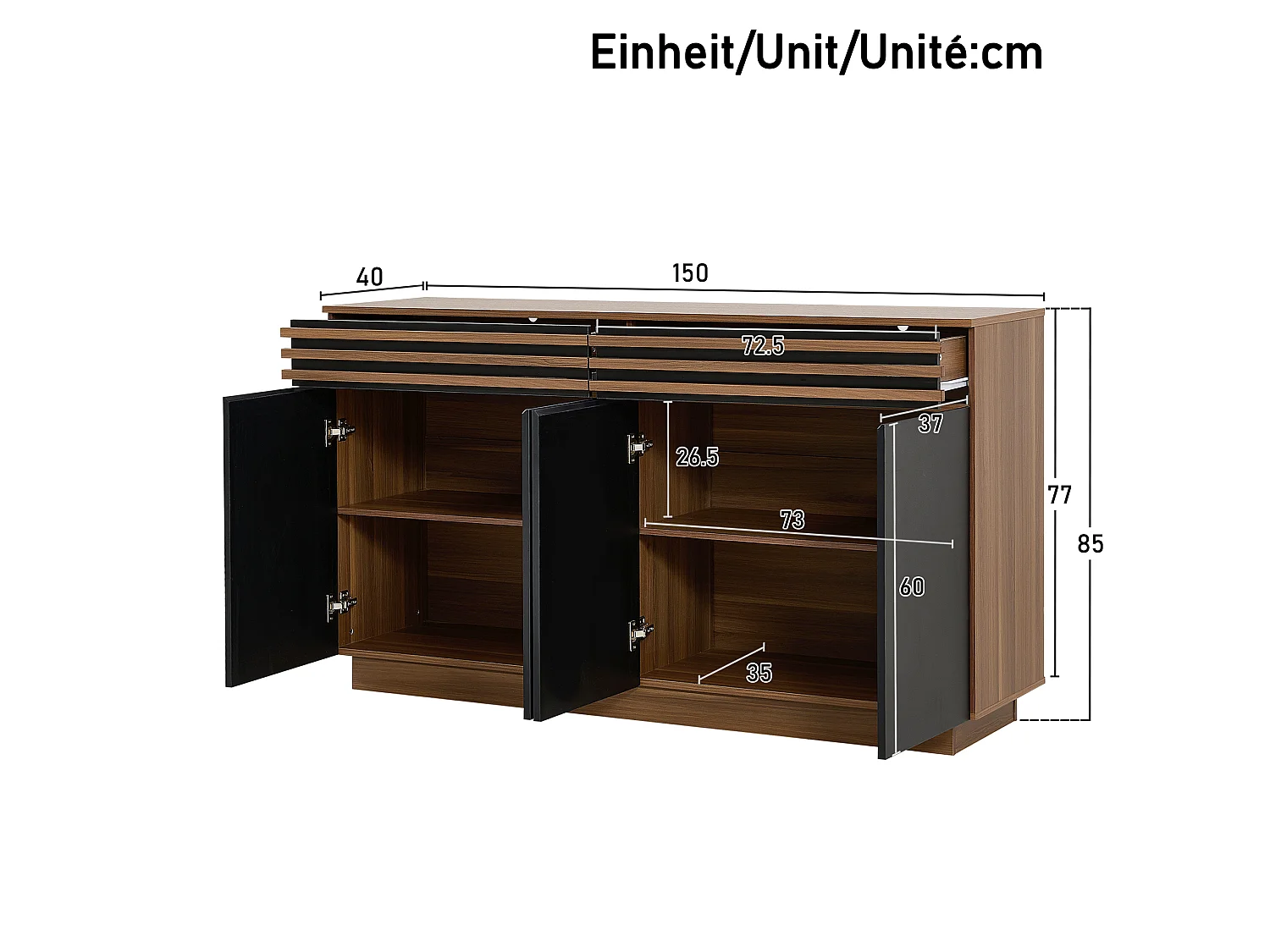 Niedriges Sideboard mit 4 Türen und 2 Schubladen – 150 x 40 x 85 cm – MDF – Modernes zweifarbiges Design – Schwarz und Braun