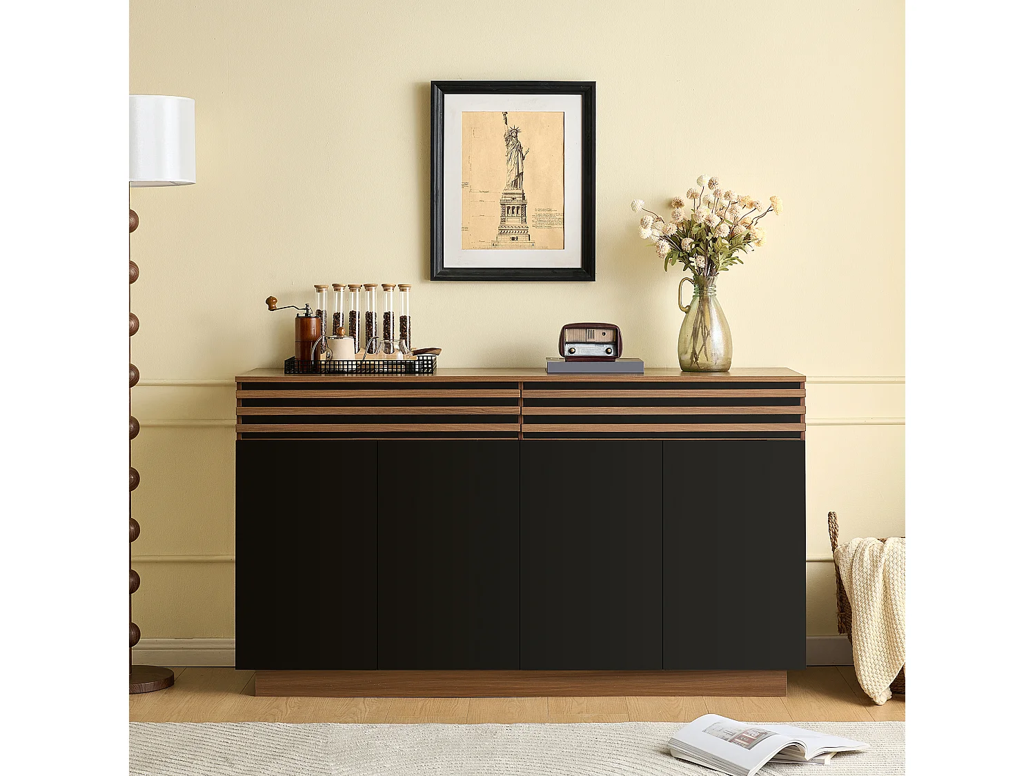 Niedriges Sideboard mit 4 Türen und 2 Schubladen – 150 x 40 x 85 cm – MDF – Modernes zweifarbiges Design – Schwarz und Braun