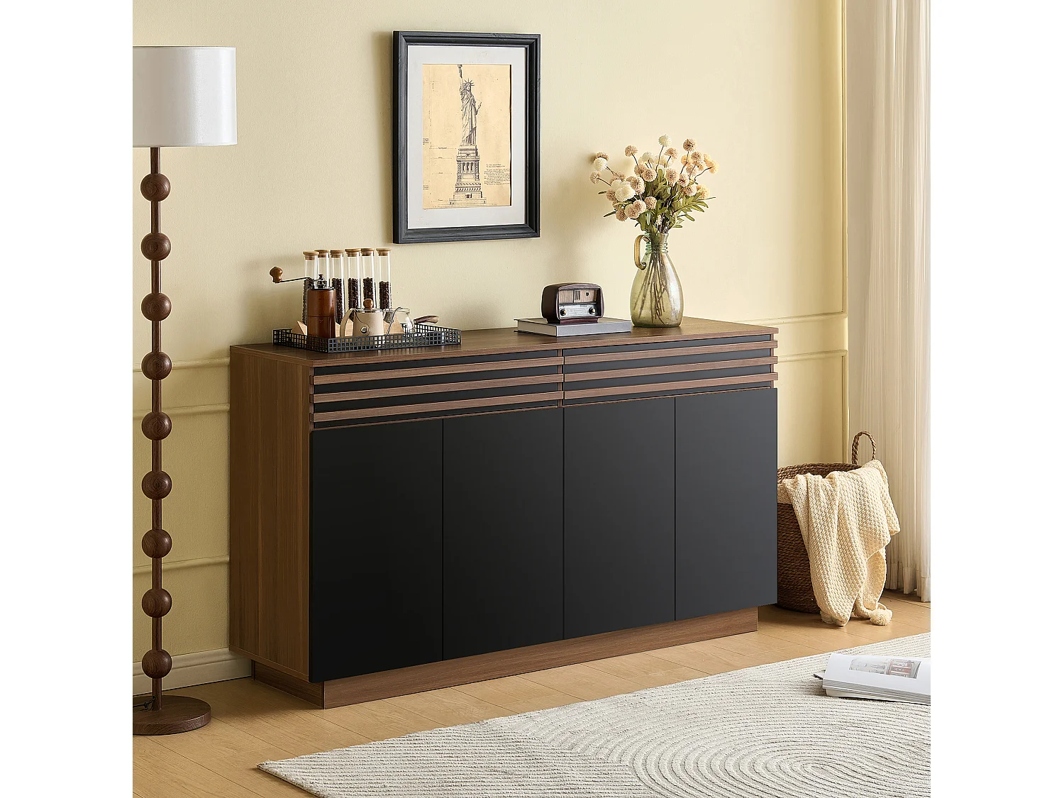 Niedriges Sideboard mit 4 Türen und 2 Schubladen – 150 x 40 x 85 cm – MDF – Modernes zweifarbiges Design – Schwarz und Braun