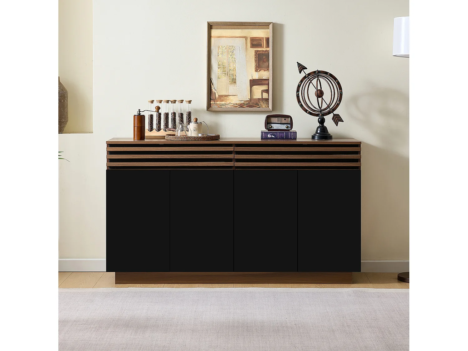 Niedriges Sideboard mit 4 Türen und 2 Schubladen – 150 x 40 x 85 cm – MDF – Modernes zweifarbiges Design – Schwarz und Braun