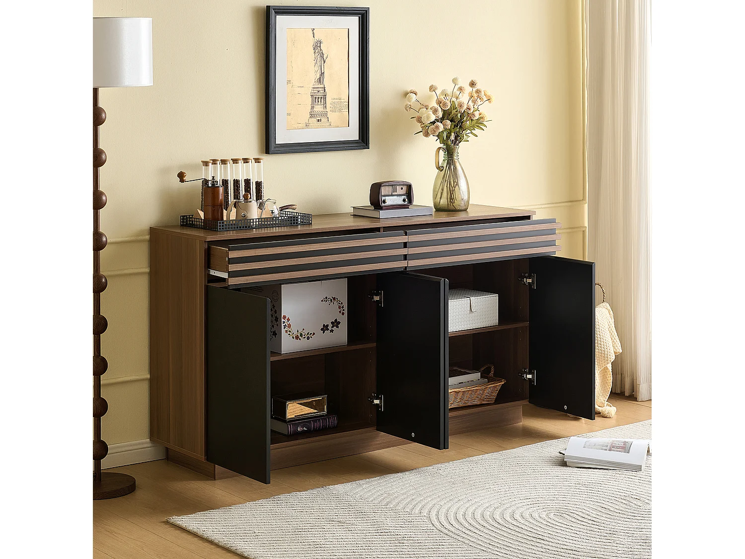 Niedriges Sideboard mit 4 Türen und 2 Schubladen – 150 x 40 x 85 cm – MDF – Modernes zweifarbiges Design – Schwarz und Braun