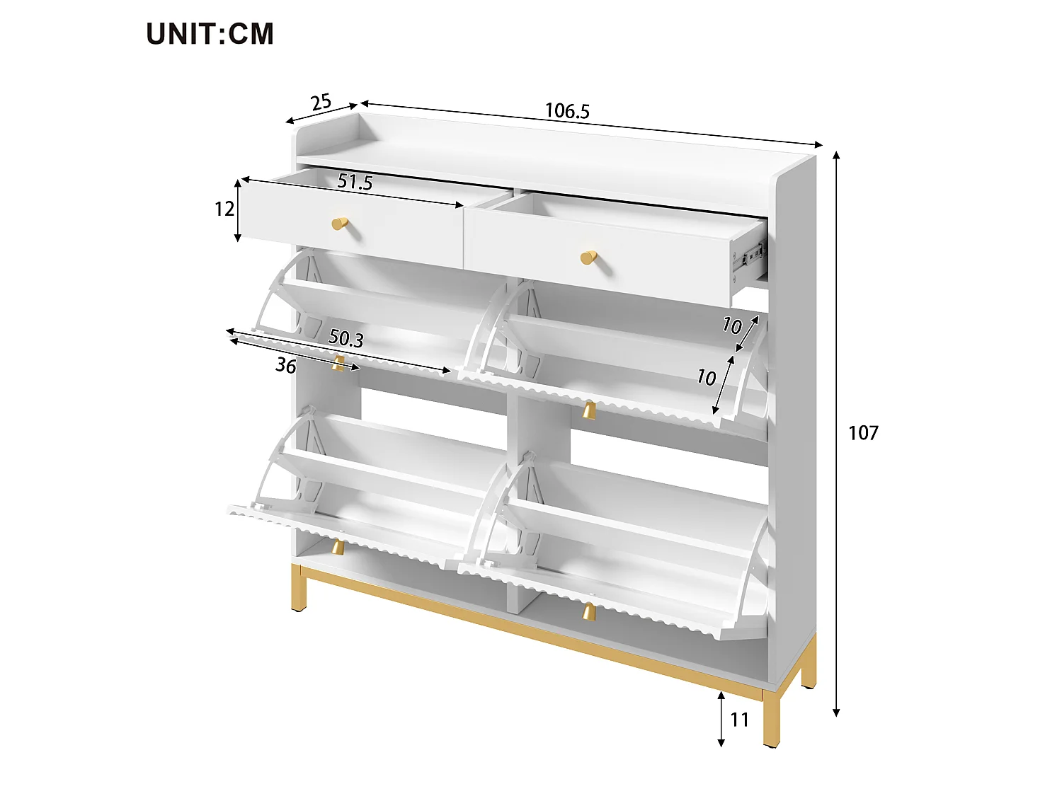 Schmaler Schuhschrank mit 4 Klapptüren und 2 Schubladen – Spanplatte – 106,5 x 25 x 107 cm – Weiß