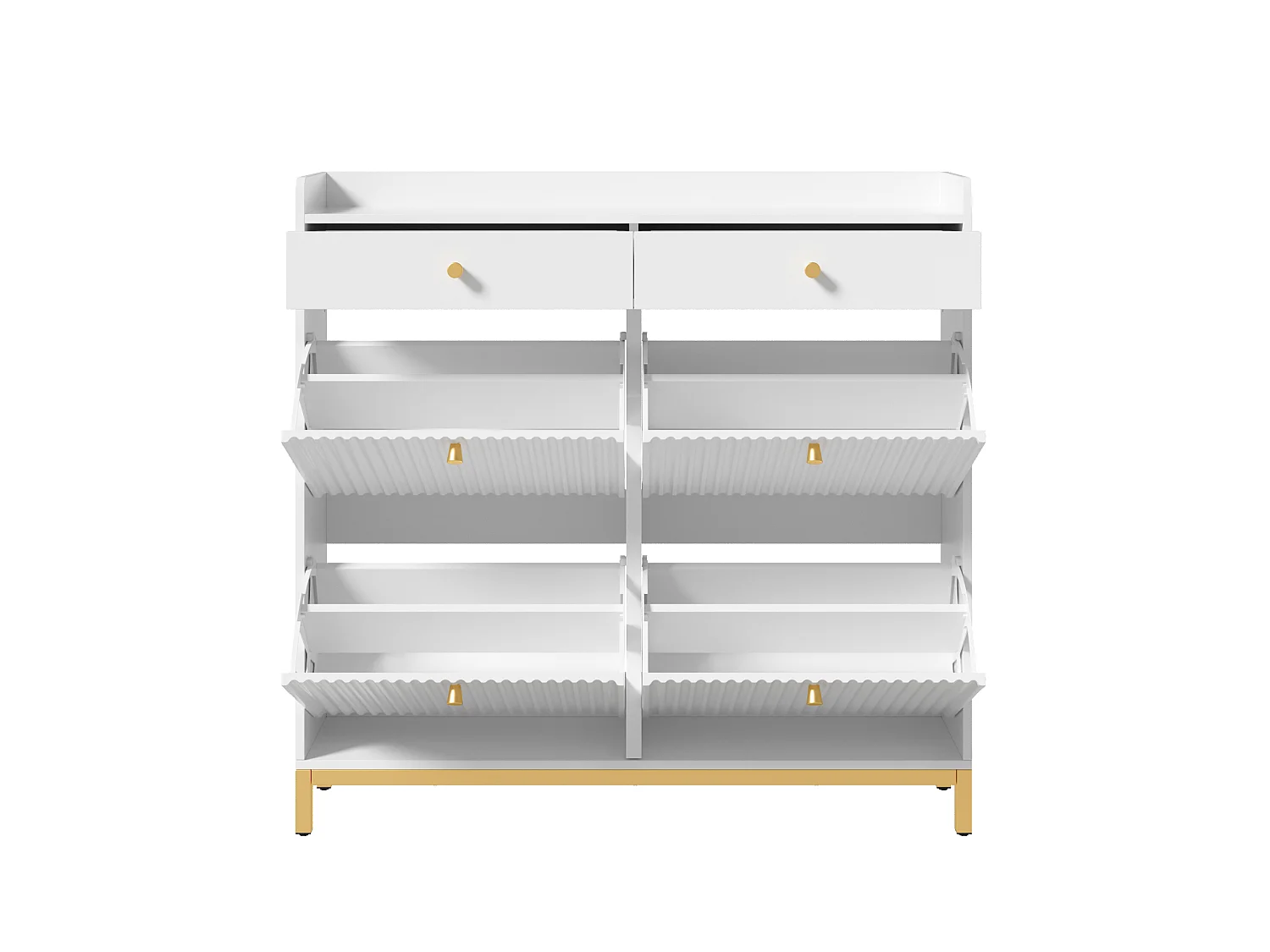 Schmaler Schuhschrank mit 4 Klapptüren und 2 Schubladen – Spanplatte – 106,5 x 25 x 107 cm – Weiß