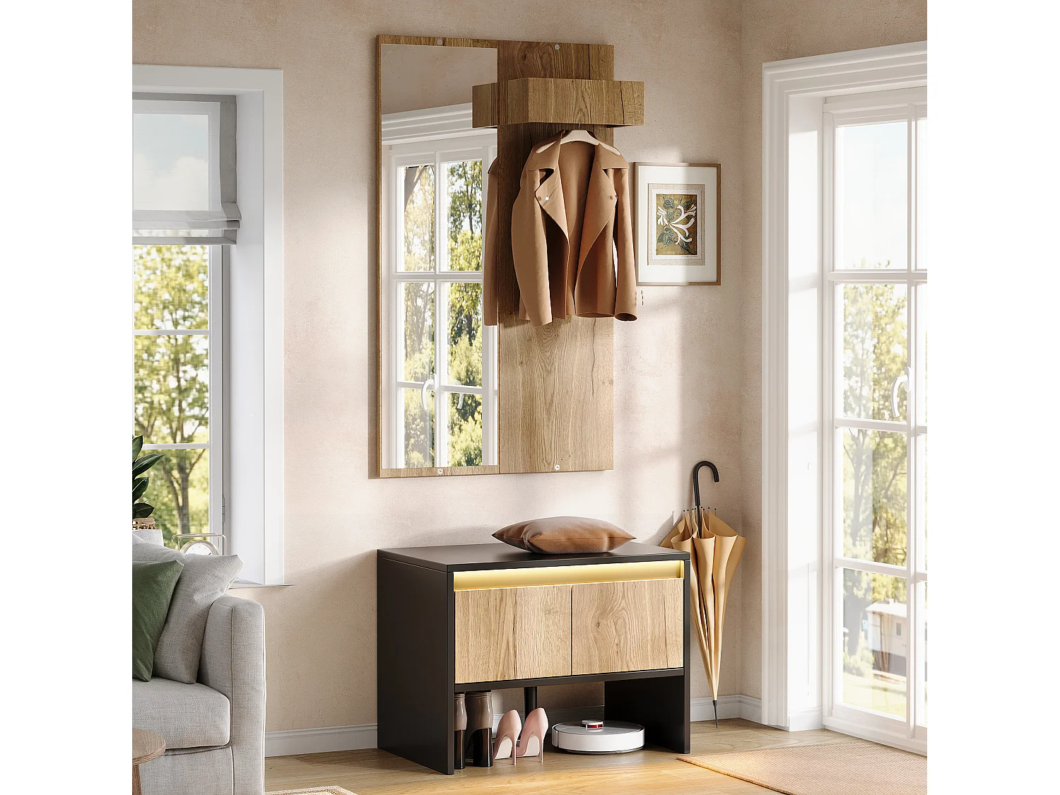 Shoe cabinet with mirror, bench and 2 drawers - Particleboard - 60 x 38 x 145 cm - Black and natural wood