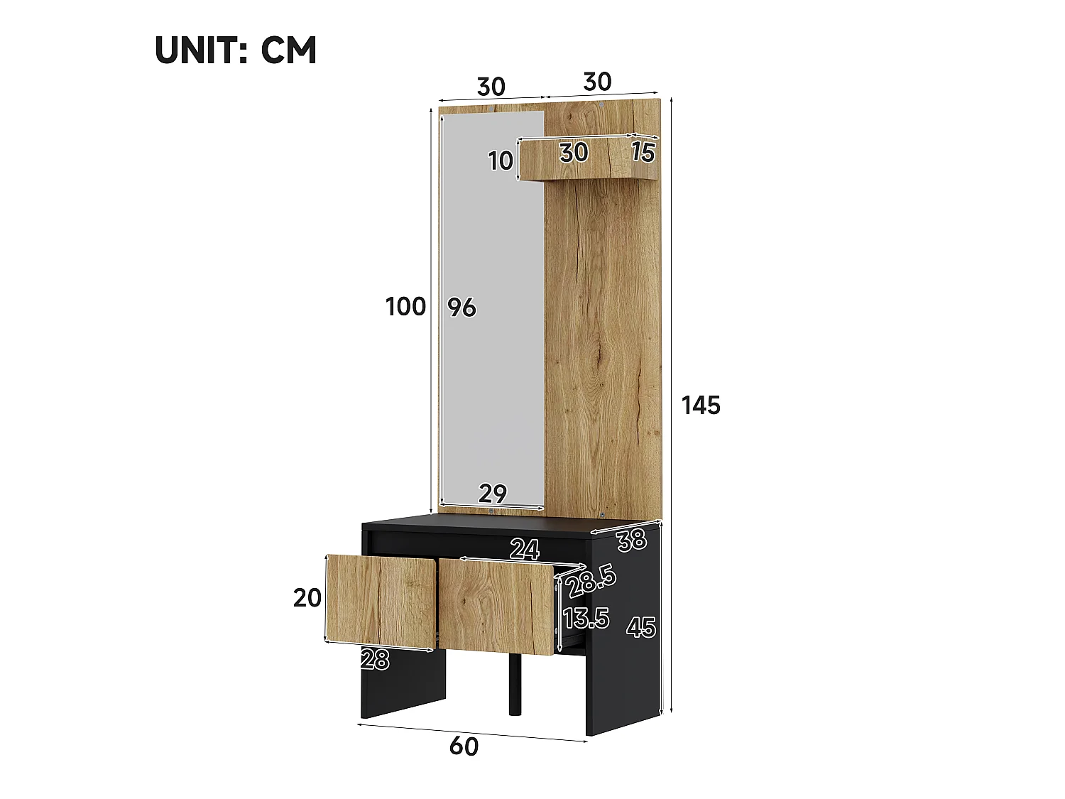 Shoe cabinet with mirror, bench and 2 drawers - Particleboard - 60 x 38 x 145 cm - Black and natural wood