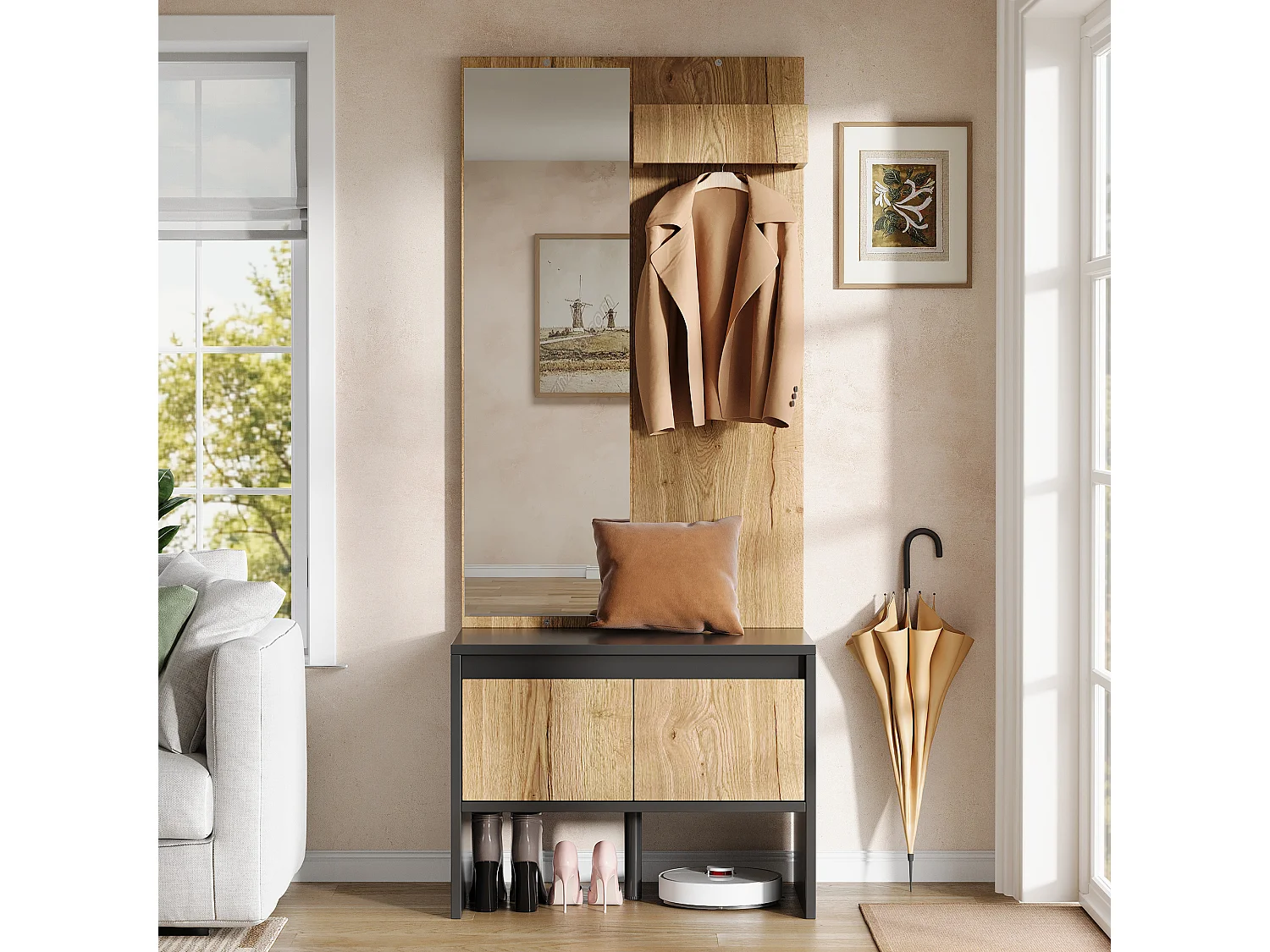 Shoe cabinet with mirror, bench and 2 drawers - Particleboard - 60 x 38 x 145 cm - Black and natural wood