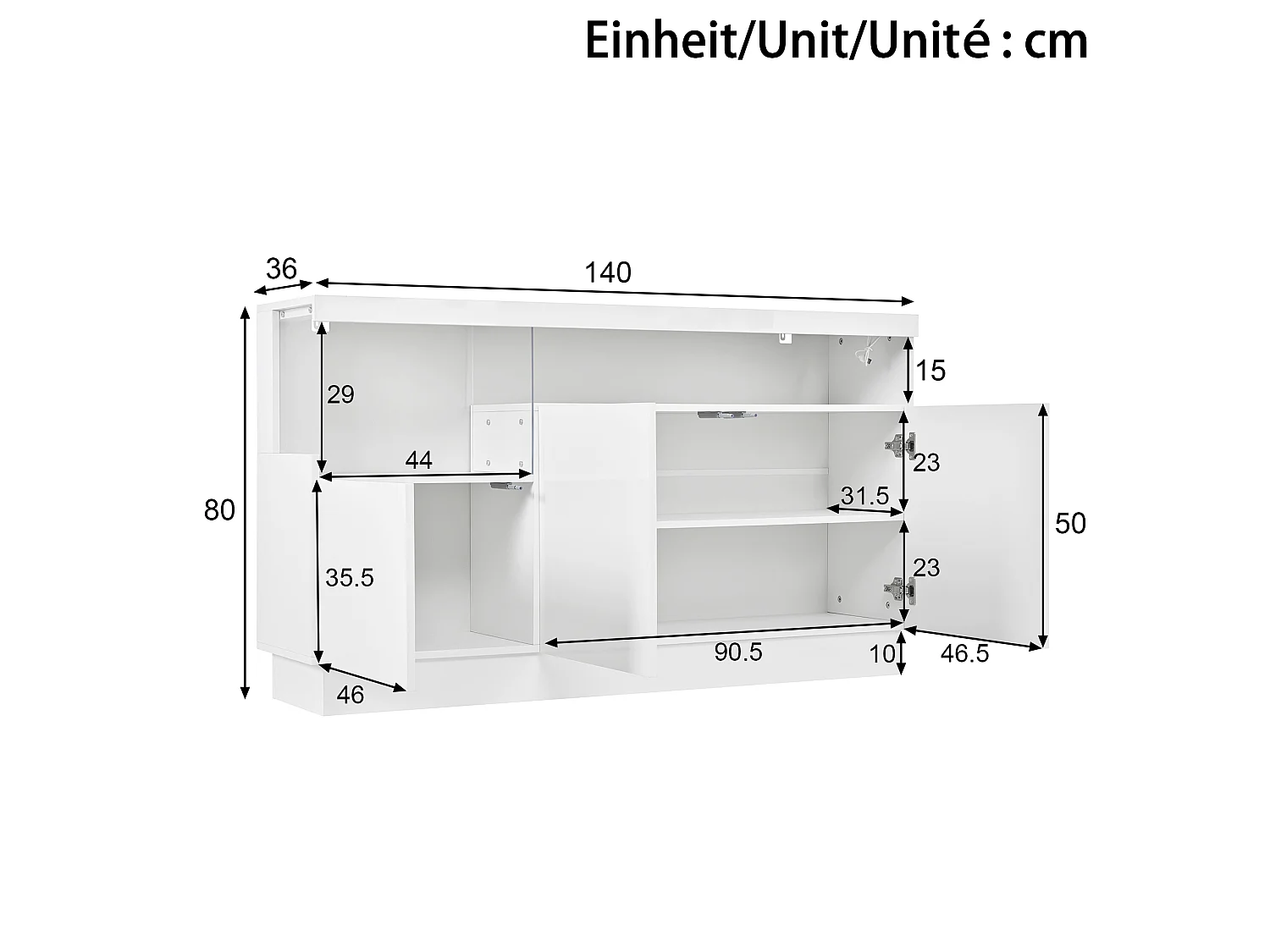 Sideboard mit 3 Türen, Acrylglas-Vitrinenfach und LED-Beleuchtung – 140 x 36 x 80 cm – Spanplatte und MDF – Hochglanzweiß
