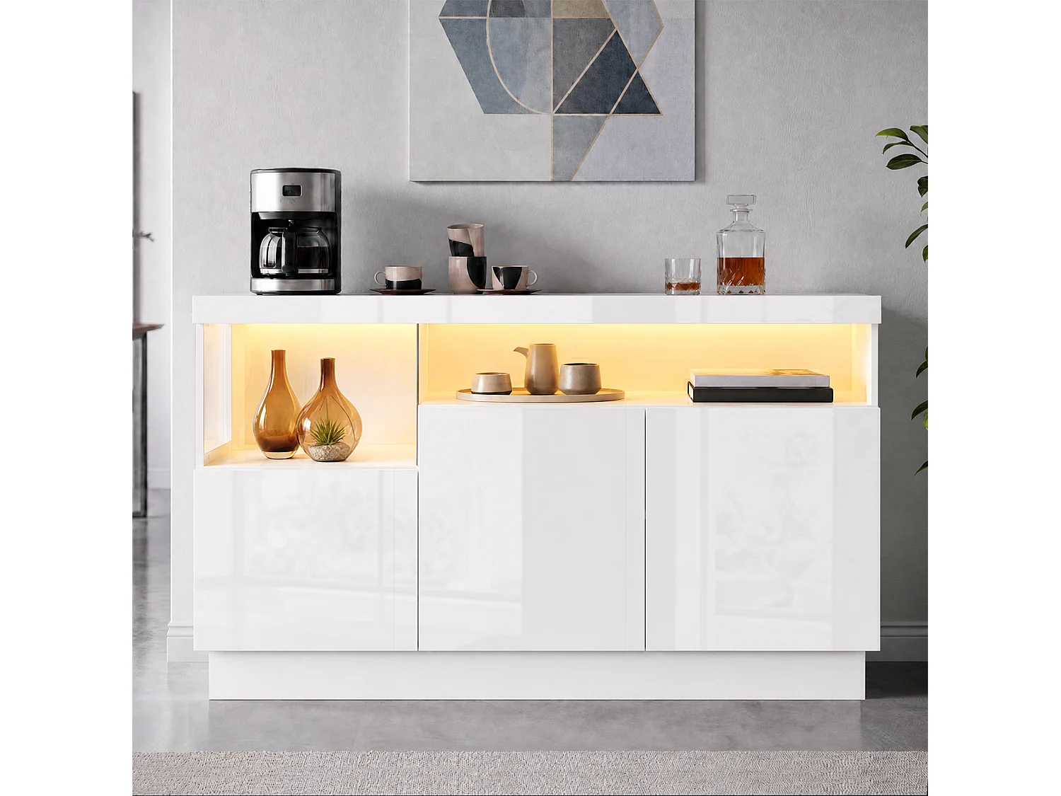 Sideboard mit 3 Türen, Acrylglas-Vitrinenfach und LED-Beleuchtung – 140 x 36 x 80 cm – Spanplatte und MDF – Hochglanzweiß