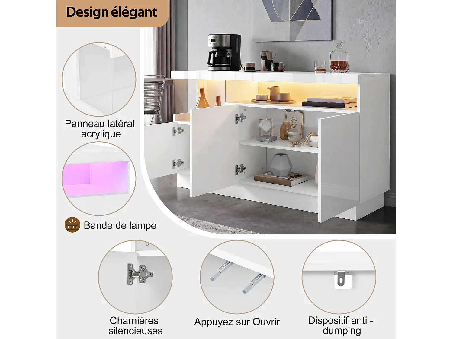 Sideboard mit 3 Türen, Acrylglas-Vitrinenfach und LED-Beleuchtung – 140 x 36 x 80 cm – Spanplatte und MDF – Hochglanzweiß