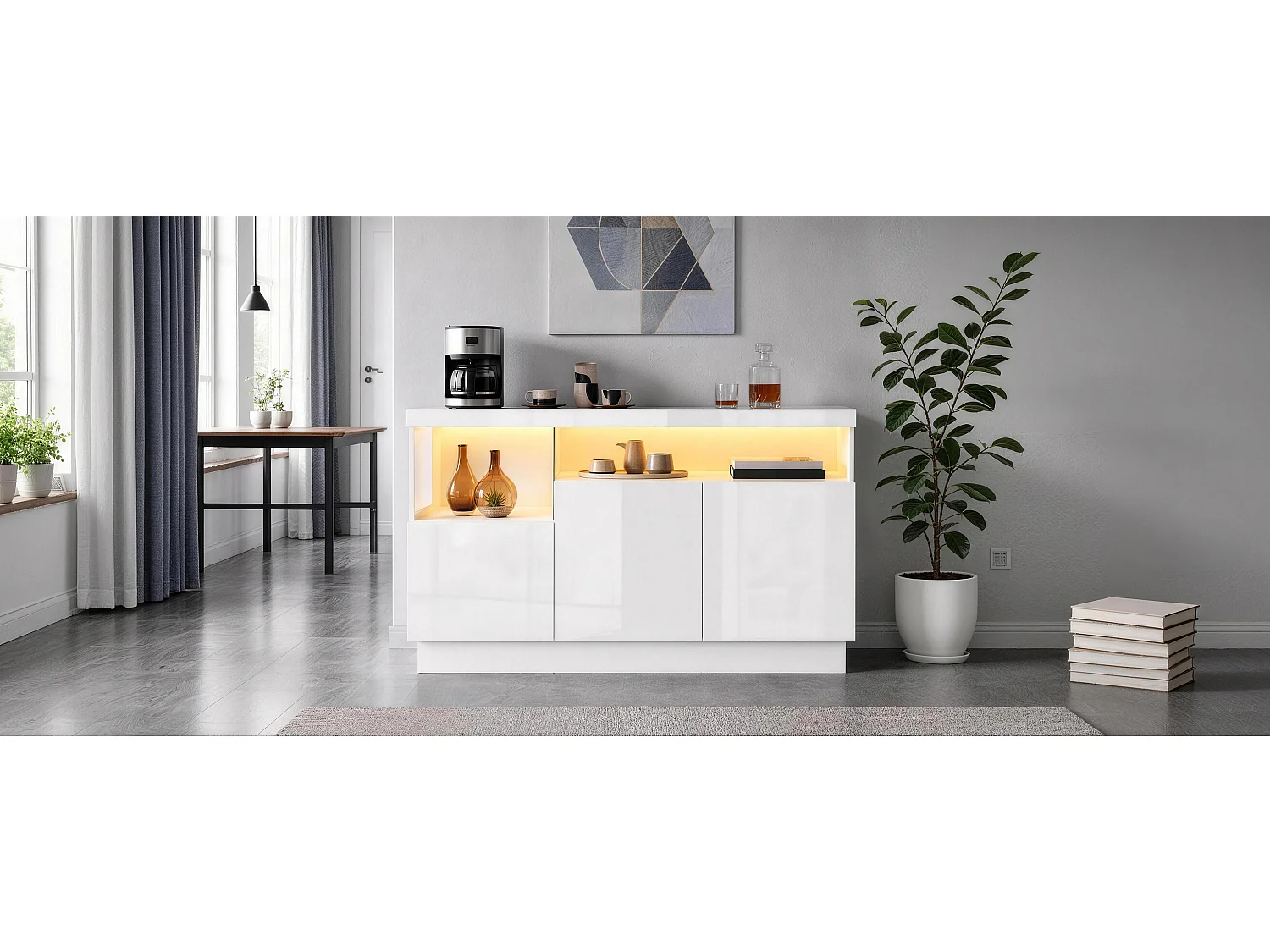 Sideboard mit 3 Türen, Acrylglas-Vitrinenfach und LED-Beleuchtung – 140 x 36 x 80 cm – Spanplatte und MDF – Hochglanzweiß