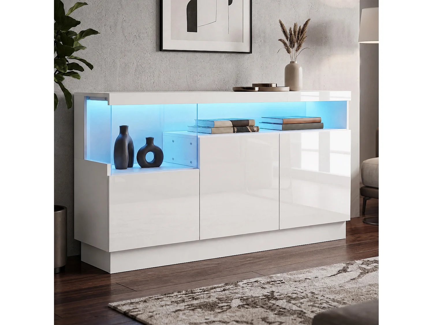 Sideboard mit 3 Türen, Acrylglas-Vitrinenfach und LED-Beleuchtung – 140 x 36 x 80 cm – Spanplatte und MDF – Hochglanzweiß