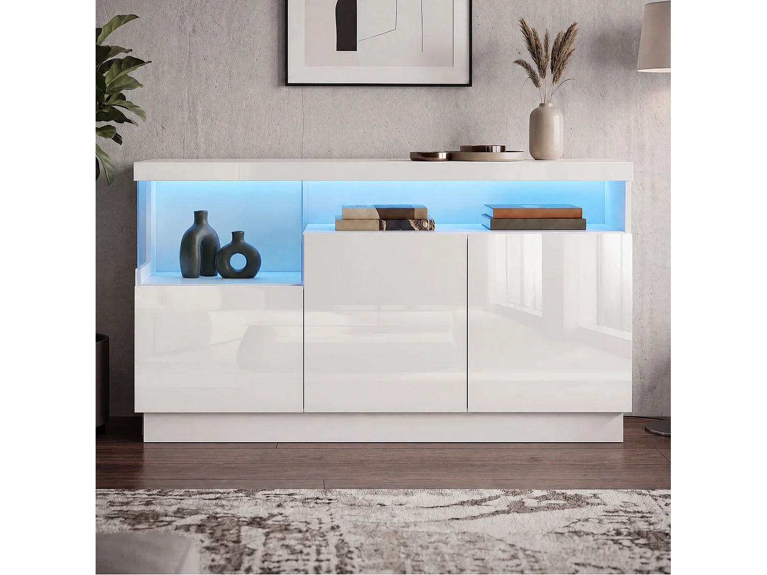 Sideboard mit 3 Türen, Acrylglas-Vitrinenfach und LED-Beleuchtung – 140 x 36 x 80 cm – Spanplatte und MDF – Hochglanzweiß