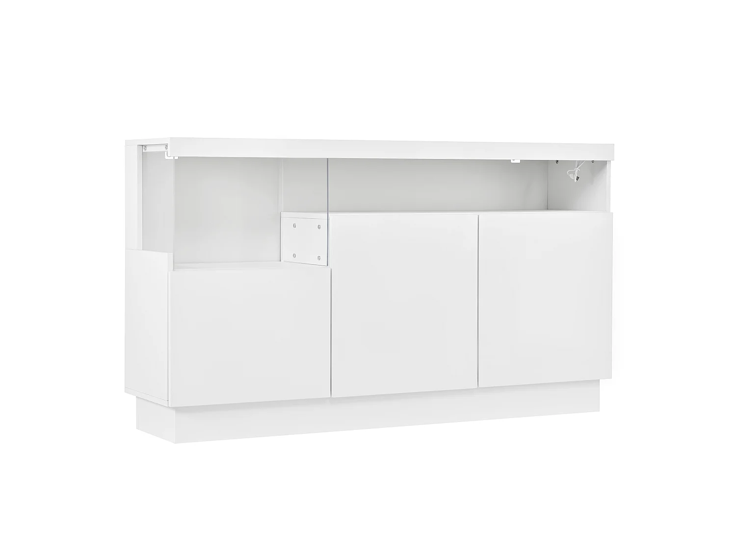 Sideboard mit 3 Türen, Acrylglas-Vitrinenfach und LED-Beleuchtung – 140 x 36 x 80 cm – Spanplatte und MDF – Hochglanzweiß