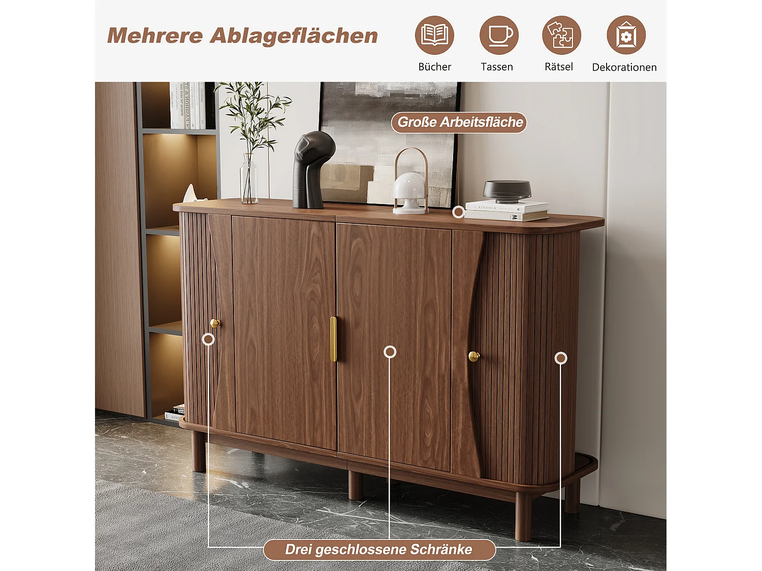 Sideboard mit 2 Schiebetüren, 2 Drehtüren, verstellbarem Einlegeboden und abgerundeten Kanten – MDF – 140 x 40 x 88 cm – Nussbaum