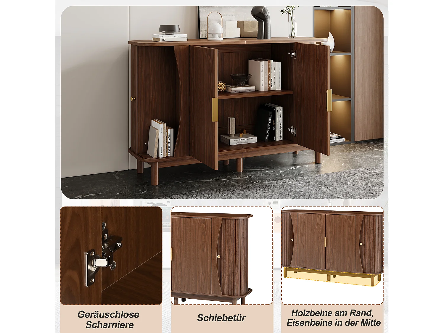 Sideboard mit 2 Schiebetüren, 2 Drehtüren, verstellbarem Einlegeboden und abgerundeten Kanten – MDF – 140 x 40 x 88 cm – Nussbaum