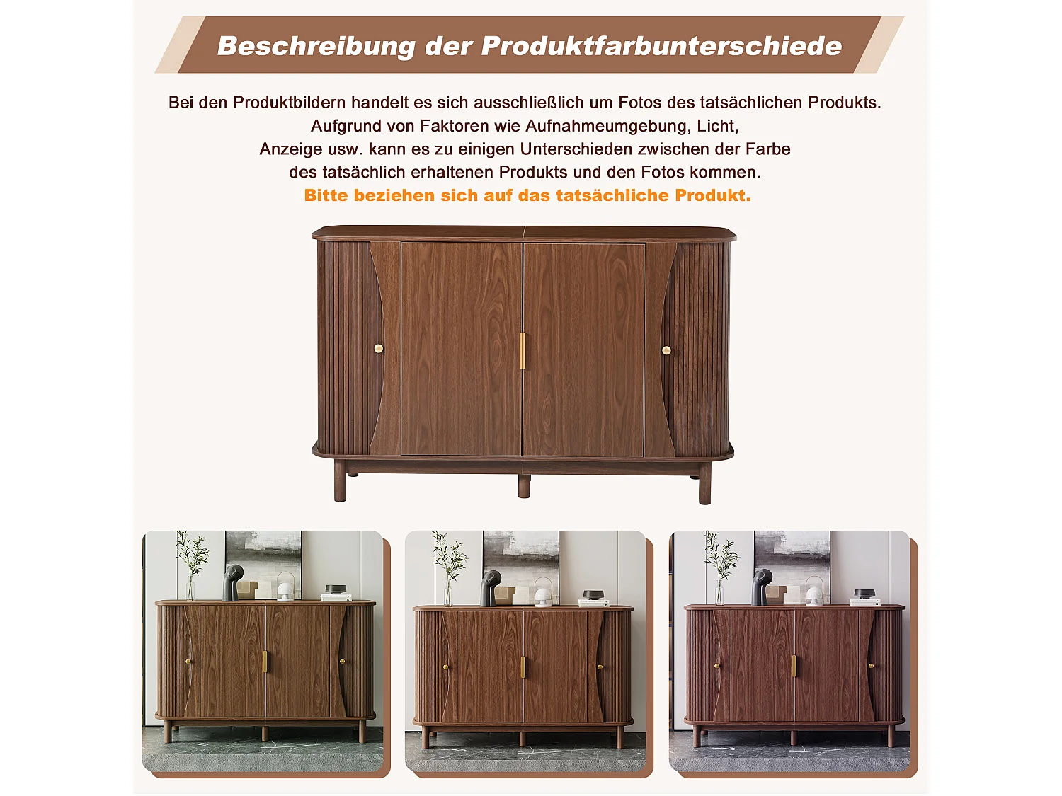 Sideboard mit 2 Schiebetüren, 2 Drehtüren, verstellbarem Einlegeboden und abgerundeten Kanten – MDF – 140 x 40 x 88 cm – Nussbaum