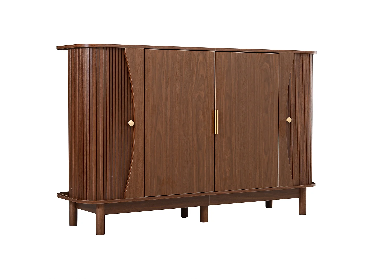 Sideboard mit 2 Schiebetüren, 2 Drehtüren, verstellbarem Einlegeboden und abgerundeten Kanten – MDF – 140 x 40 x 88 cm – Nussbaum