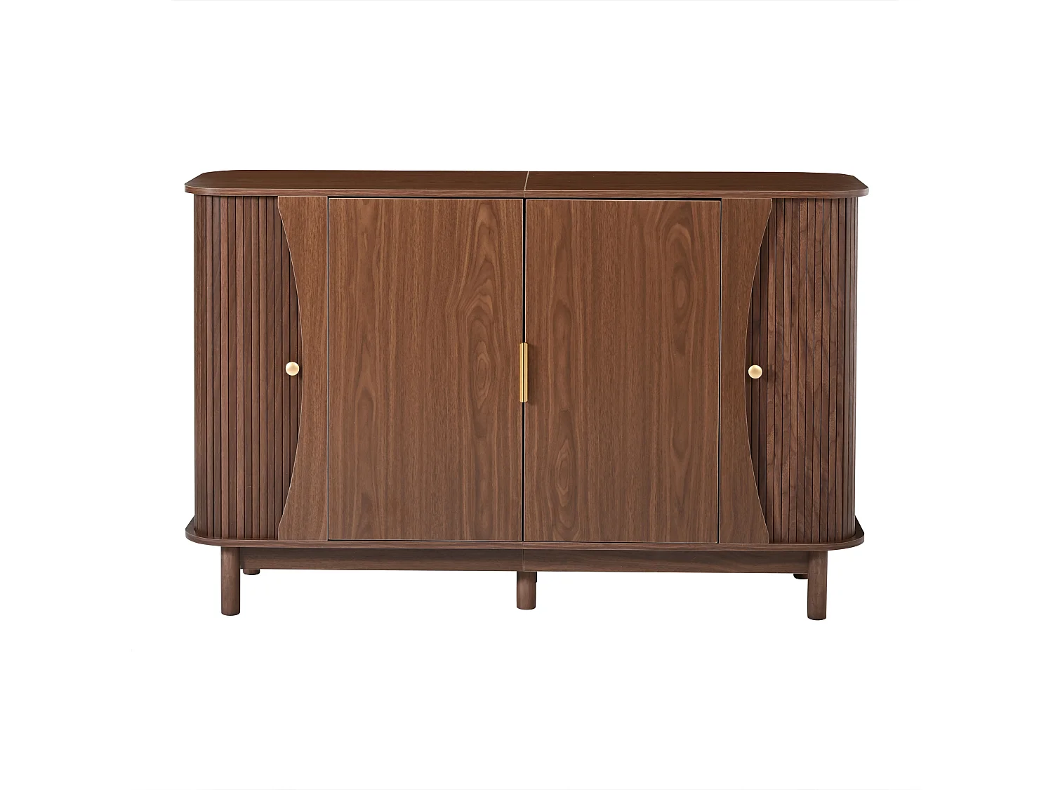 Sideboard mit 2 Schiebetüren, 2 Drehtüren, verstellbarem Einlegeboden und abgerundeten Kanten – MDF – 140 x 40 x 88 cm – Nussbaum