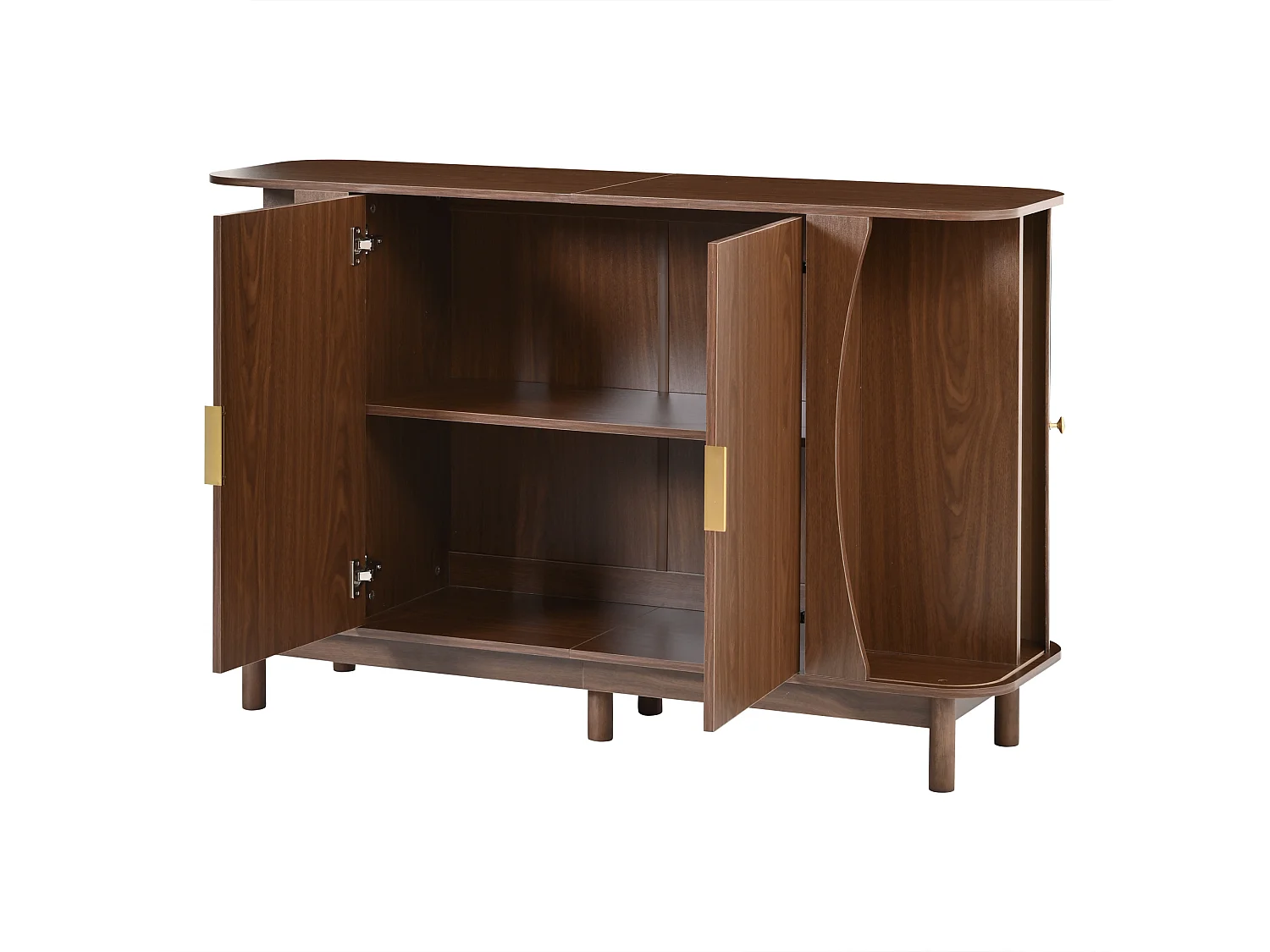 Sideboard mit 2 Schiebetüren, 2 Drehtüren, verstellbarem Einlegeboden und abgerundeten Kanten – MDF – 140 x 40 x 88 cm – Nussbaum