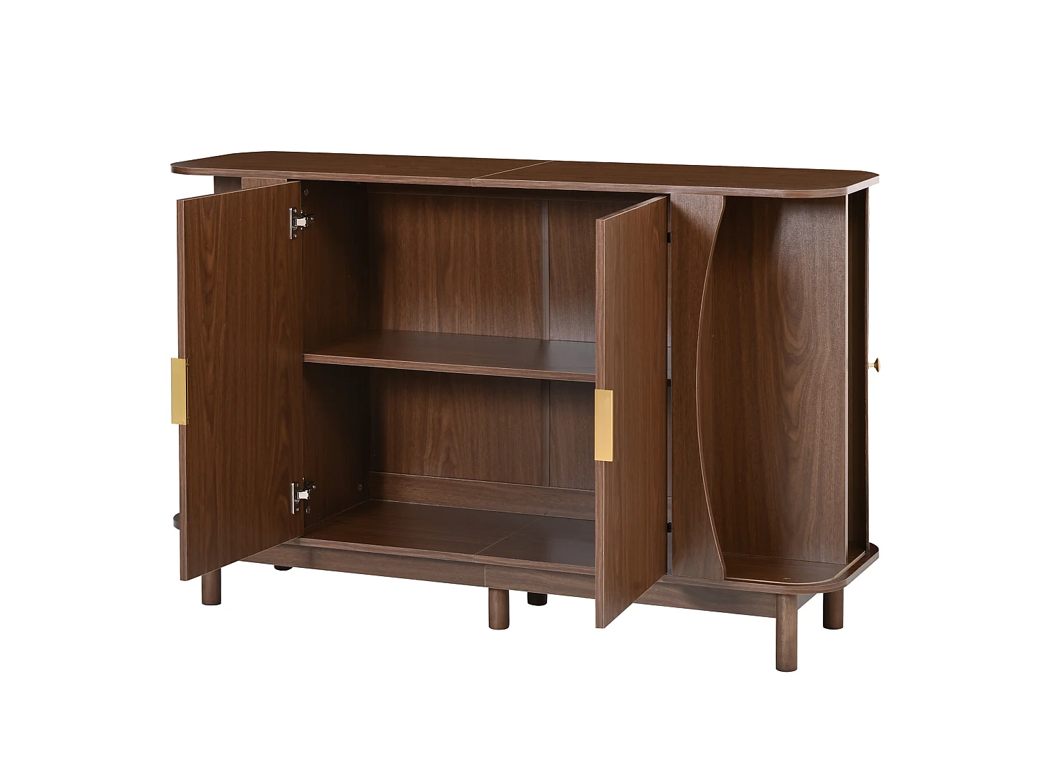 Sideboard mit 2 Schiebetüren, 2 Drehtüren, verstellbarem Einlegeboden und abgerundeten Kanten – MDF – 140 x 40 x 88 cm – Nussbaum
