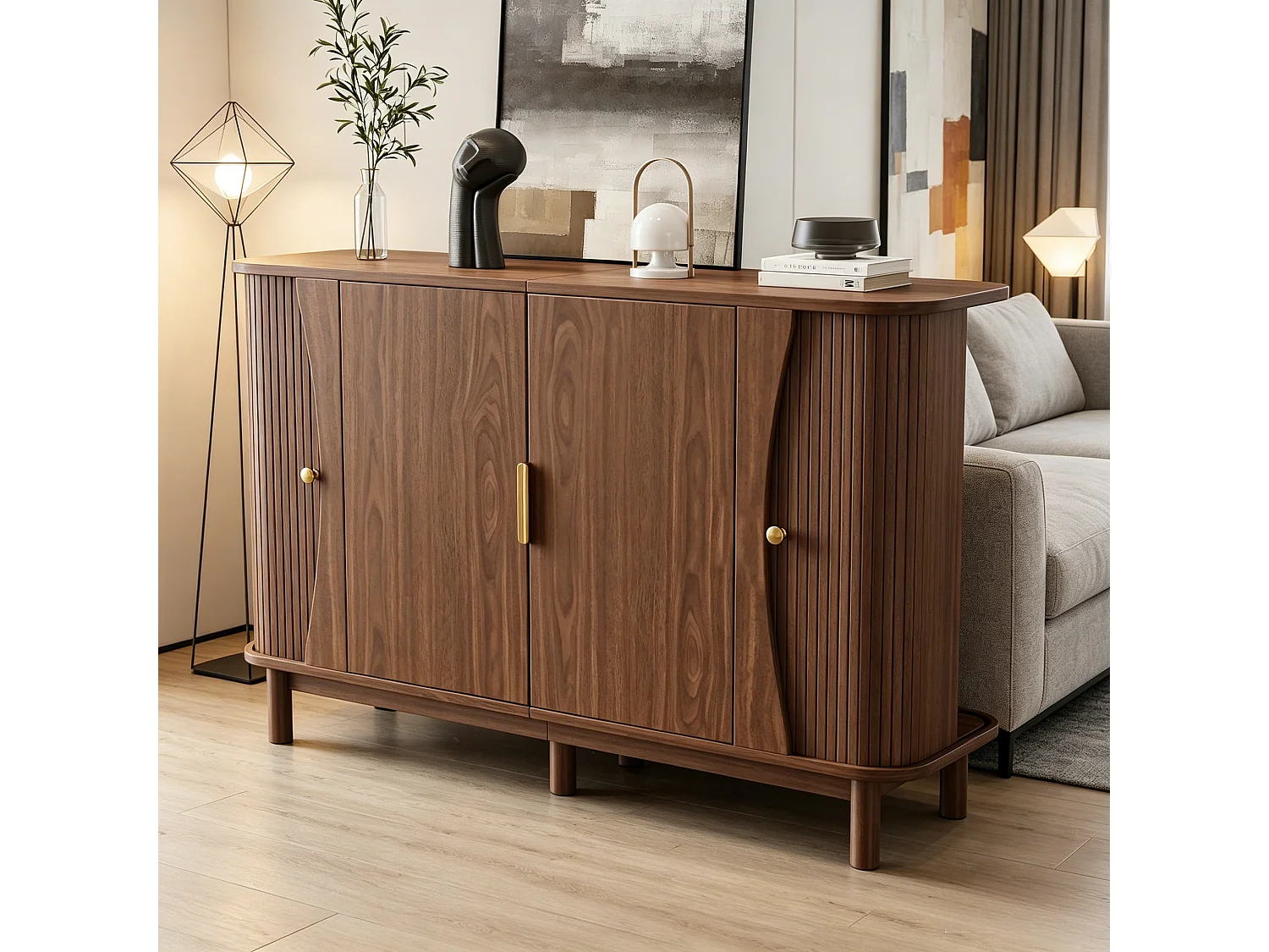 Sideboard mit 2 Schiebetüren, 2 Drehtüren, verstellbarem Einlegeboden und abgerundeten Kanten – MDF – 140 x 40 x 88 cm – Nussbaum