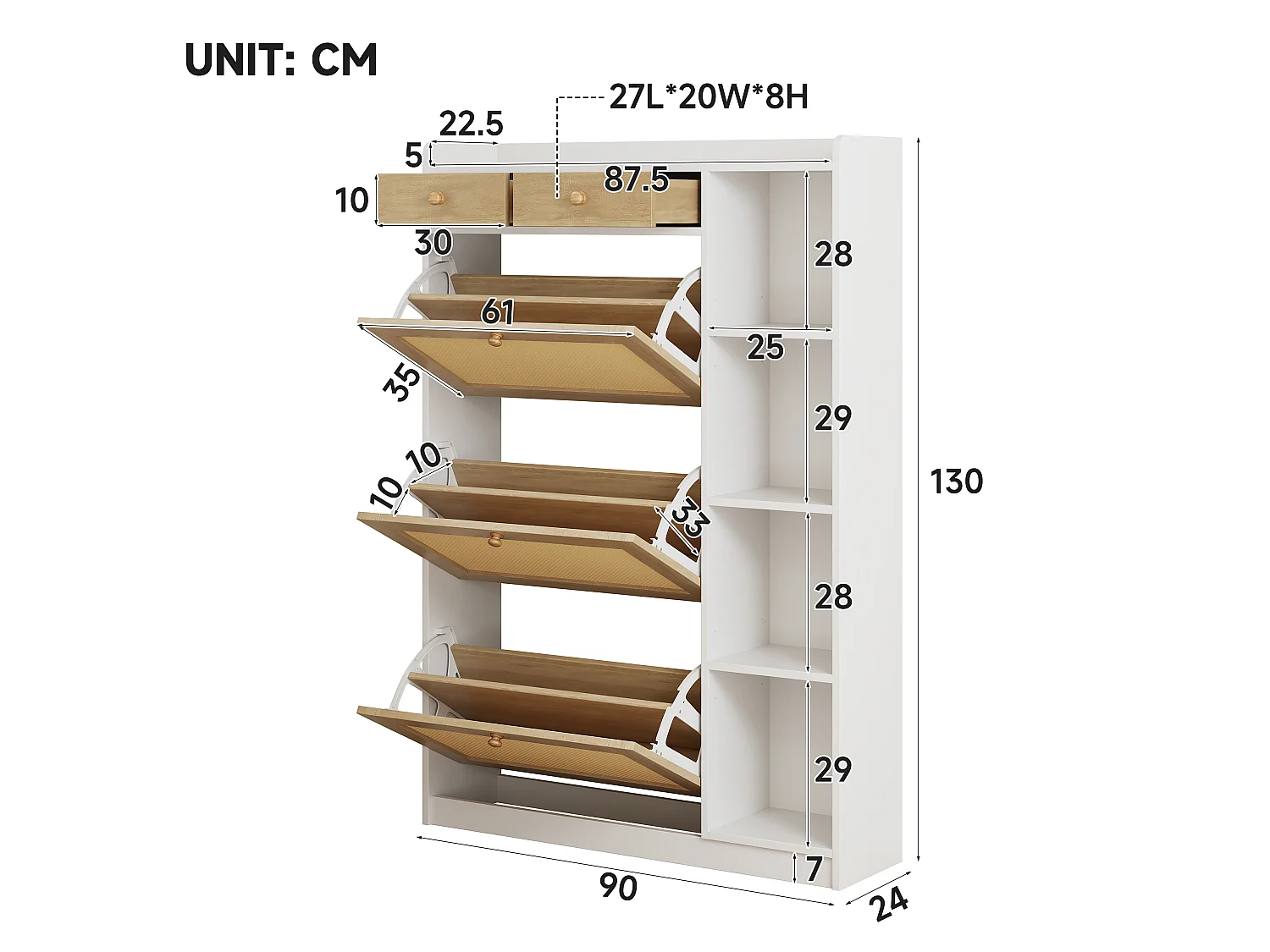 Schuhschrank aus Rattan mit 3 Klapptüren, 2 Schubladen und seitlichen Ablagen – Spanplatte – 90 x 24 x 103 cm – Naturholz
