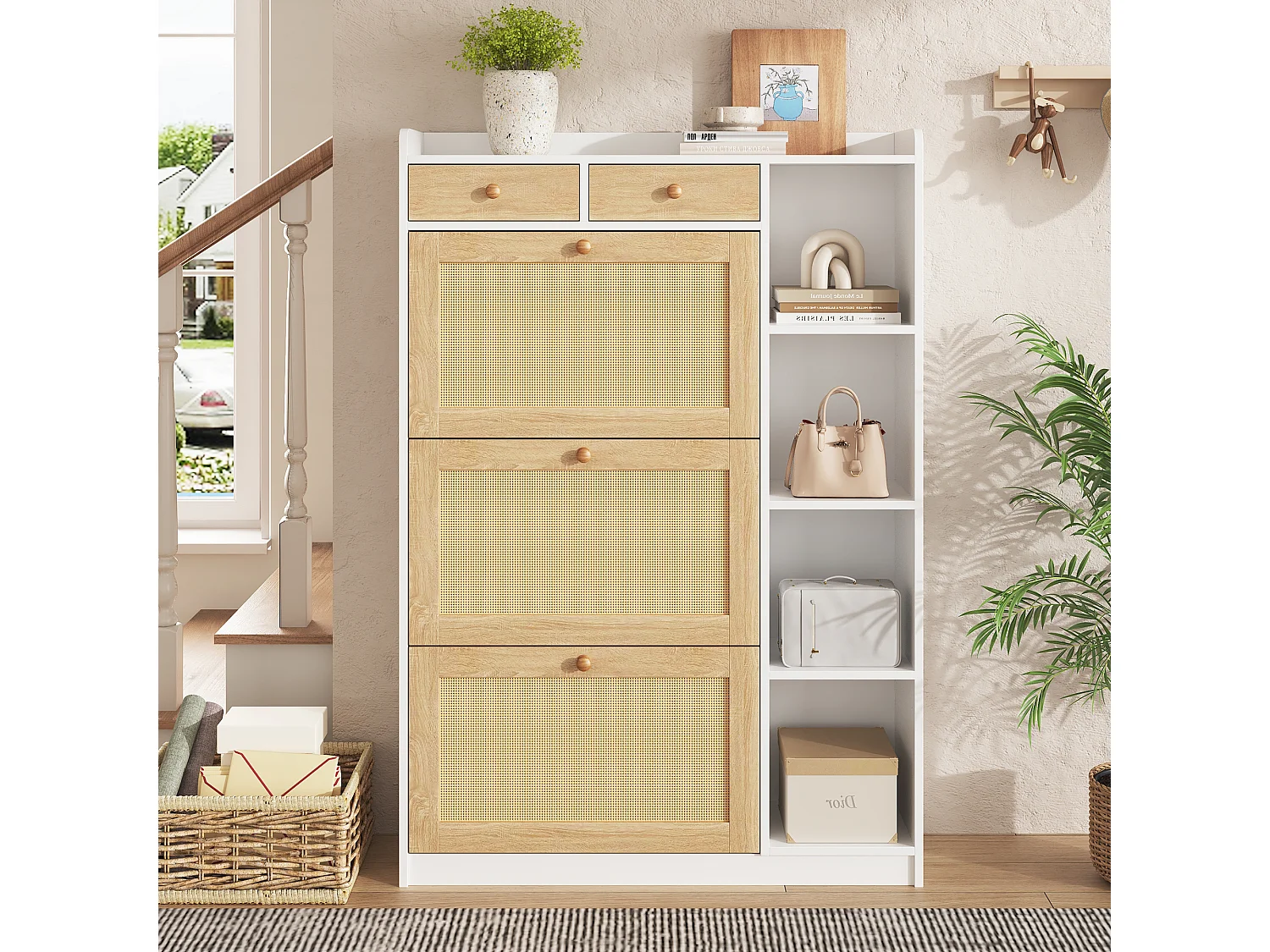 Schuhschrank aus Rattan mit 3 Klapptüren, 2 Schubladen und seitlichen Ablagen – Spanplatte – 90 x 24 x 103 cm – Naturholz