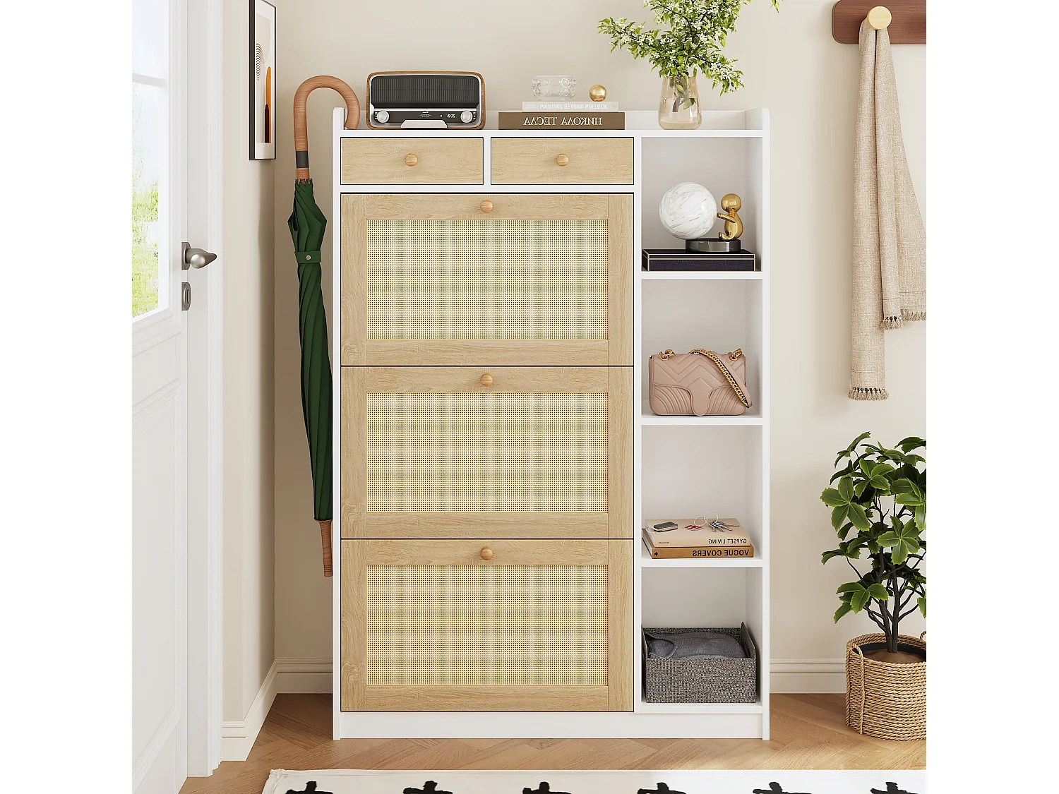 Schuhschrank aus Rattan mit 3 Klapptüren, 2 Schubladen und seitlichen Ablagen – Spanplatte – 90 x 24 x 103 cm – Naturholz