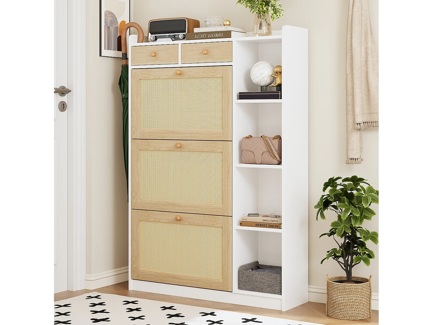 Schuhschrank aus Rattan mit 3 Klapptüren, 2 Schubladen und seitlichen Ablagen – Spanplatte – 90 x 24 x 103 cm – Naturholz