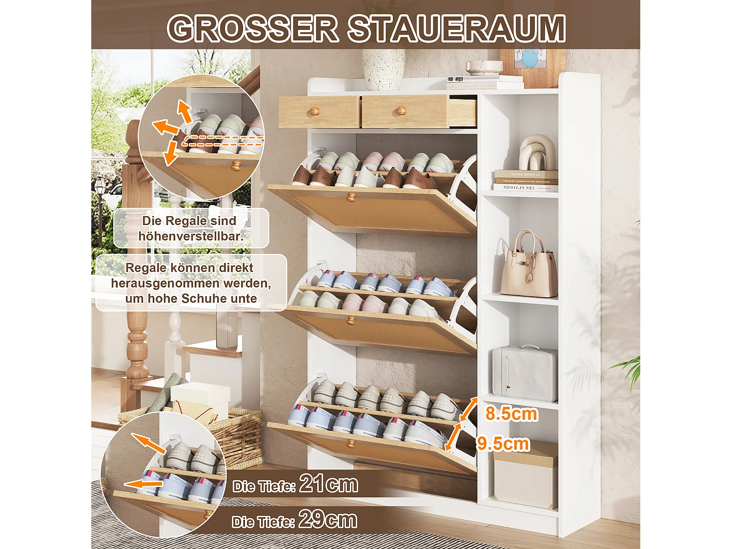 Schuhschrank aus Rattan mit 3 Klapptüren, 2 Schubladen und seitlichen Ablagen – Spanplatte – 90 x 24 x 103 cm – Naturholz