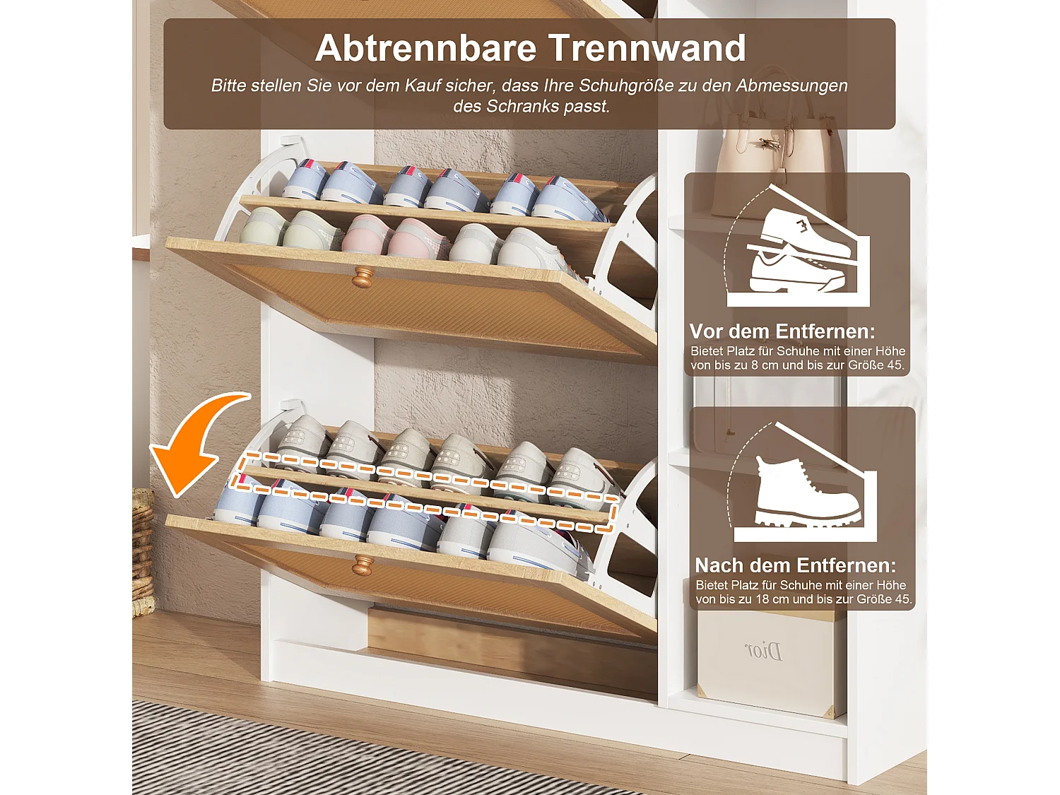 Schuhschrank aus Rattan mit 3 Klapptüren, 2 Schubladen und seitlichen Ablagen – Spanplatte – 90 x 24 x 103 cm – Naturholz