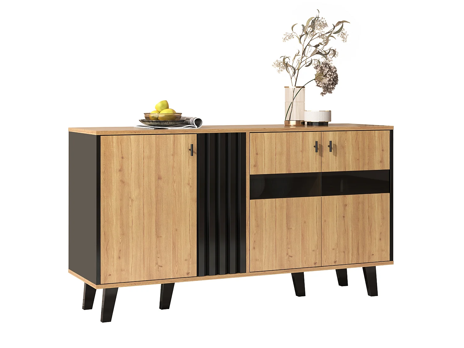Niedriges Sideboard mit 3 Türen – 140 x 78,5 x 41 cm – Glas und Spanplatte – LED-Beleuchtung – Natur