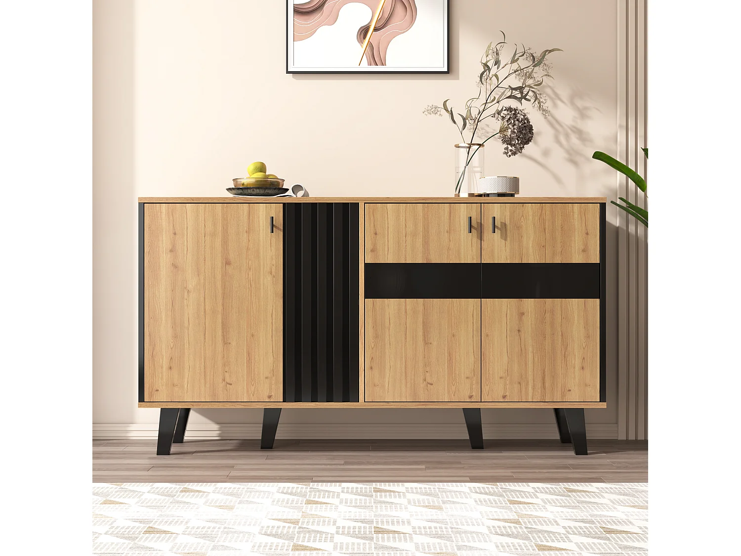 Niedriges Sideboard mit 3 Türen – 140 x 78,5 x 41 cm – Glas und Spanplatte – LED-Beleuchtung – Natur
