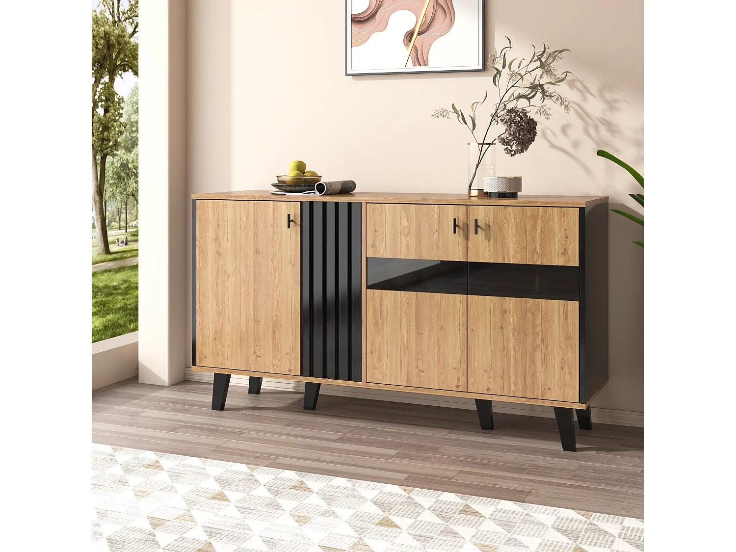 Niedriges Sideboard mit 3 Türen – 140 x 78,5 x 41 cm – Glas und Spanplatte – LED-Beleuchtung – Natur