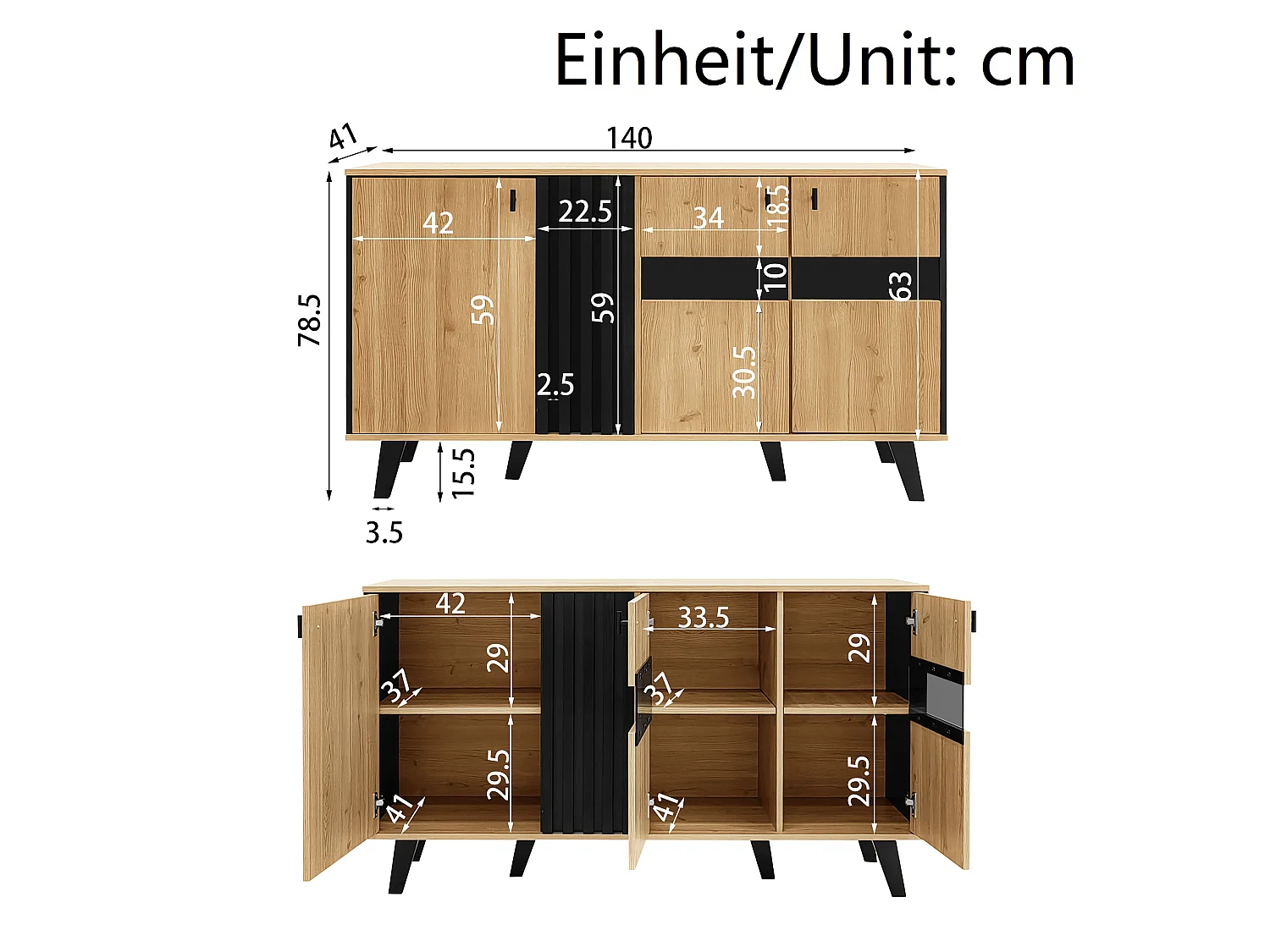 Niedriges Sideboard mit 3 Türen – 140 x 78,5 x 41 cm – Glas und Spanplatte – LED-Beleuchtung – Natur