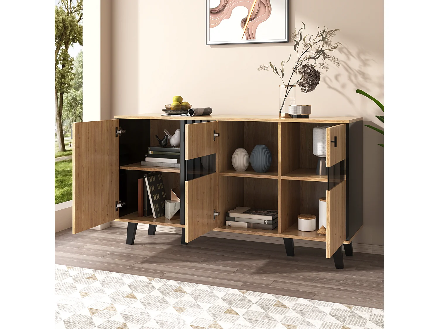 Niedriges Sideboard mit 3 Türen – 140 x 78,5 x 41 cm – Glas und Spanplatte – LED-Beleuchtung – Natur