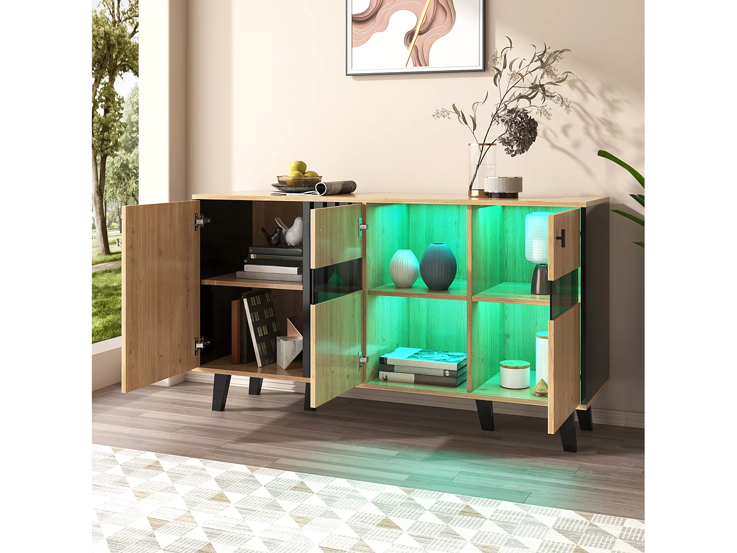 Niedriges Sideboard mit 3 Türen – 140 x 78,5 x 41 cm – Glas und Spanplatte – LED-Beleuchtung – Natur