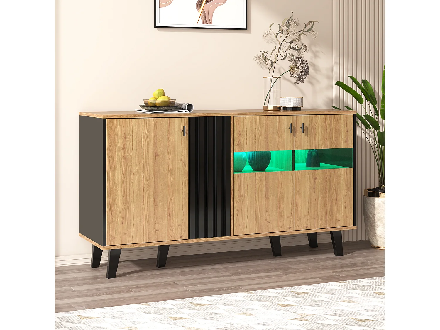 Niedriges Sideboard mit 3 Türen – 140 x 78,5 x 41 cm – Glas und Spanplatte – LED-Beleuchtung – Natur